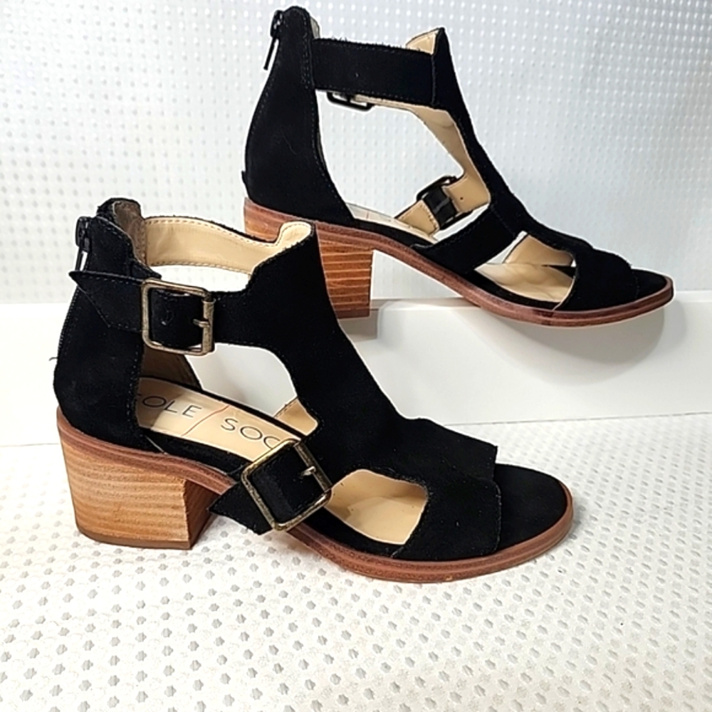 sz 6M Women's Suede Sracked Heel Open Toe Sandals Shoes Buckle Cut out Sides